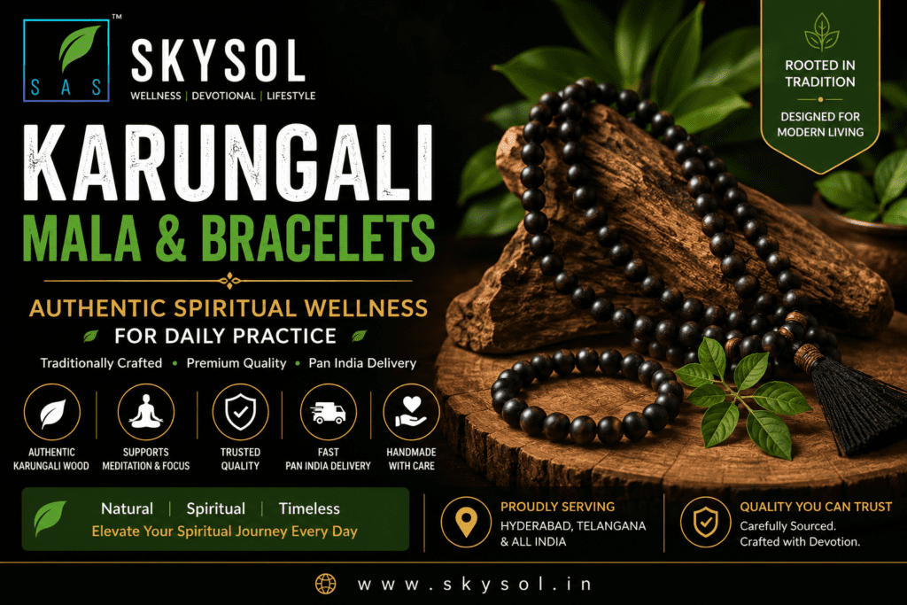 Karungali Mala and Bracelet Benefits with authentic Karungali wood products from SKYSOL Hyderabad