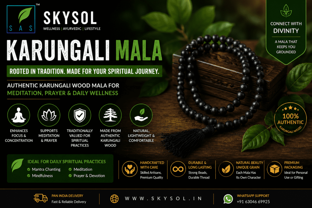 Karungali Mala Benefits with authentic Karungali wood mala from SKYSOL Hyderabad